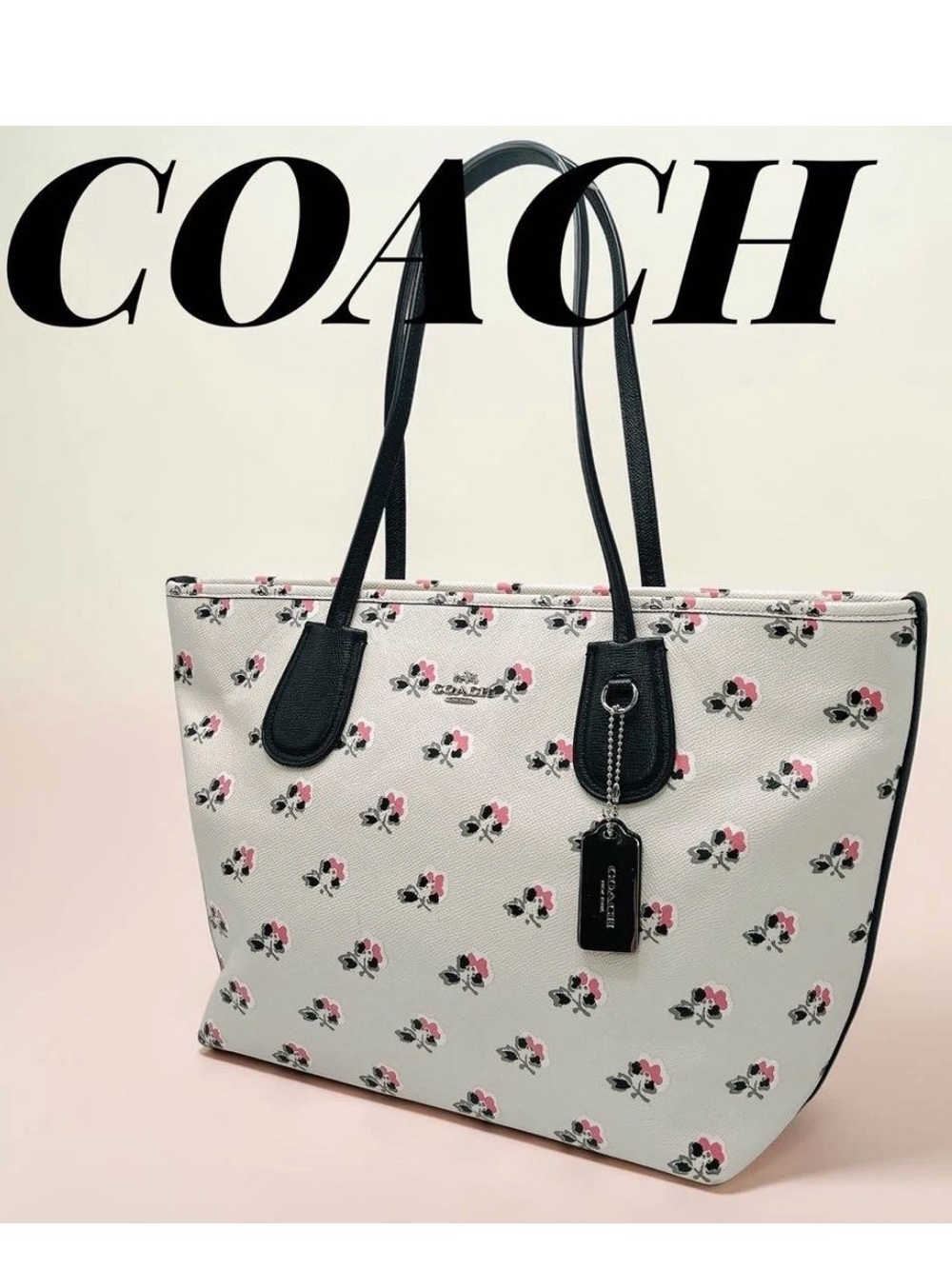 Coach Floral Print Cream Tote with Black Handles 2014 - #36357 - GUC